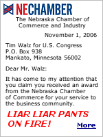 Not only did Tim Walz not get an award from the Nebraska Chamber of Commerce and Industry, the organization actually endorsed the guy running against him.